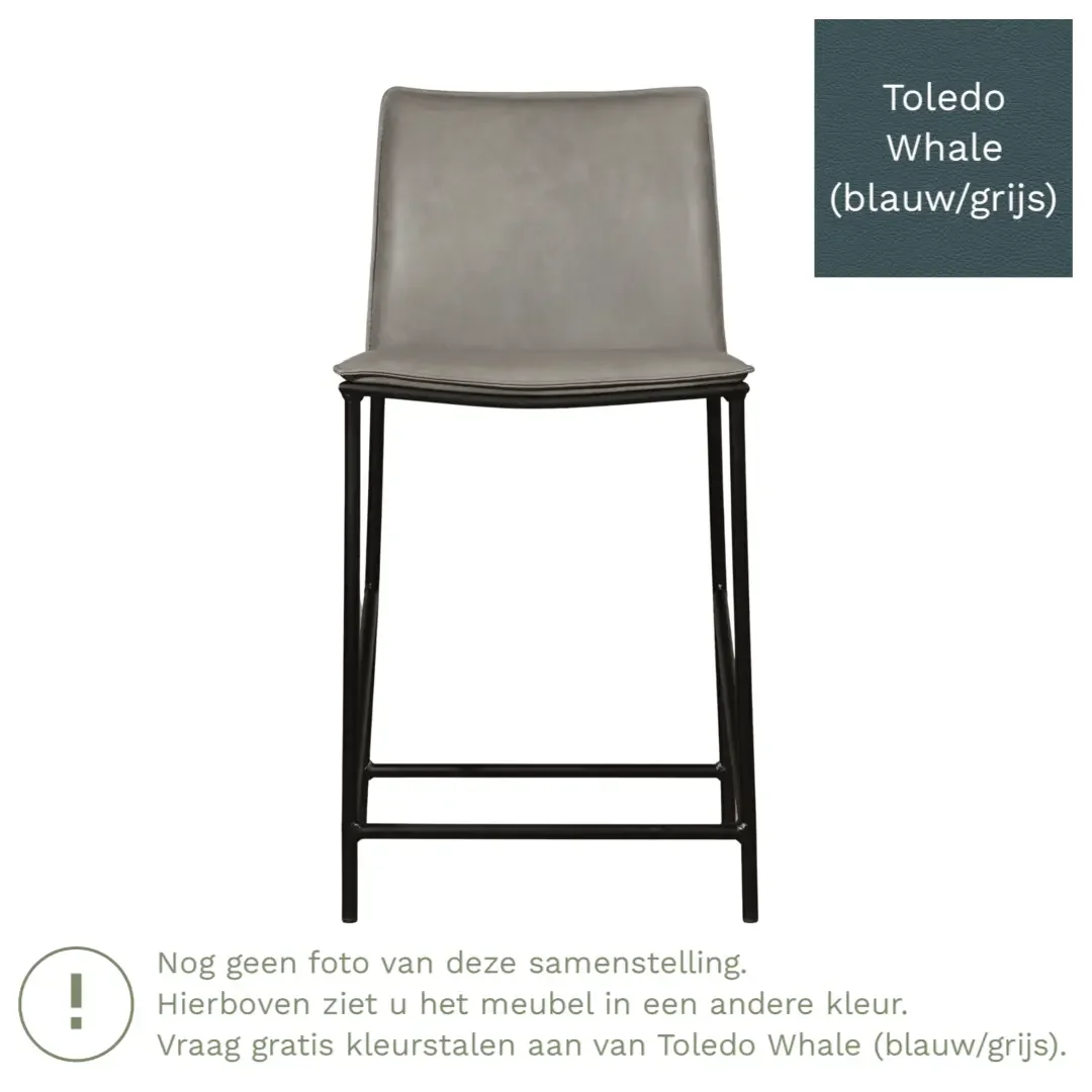 afbeelding van Leren barkruk laag Favor - Toledo Whale (blauw/grijs) - poten staal rond zwart